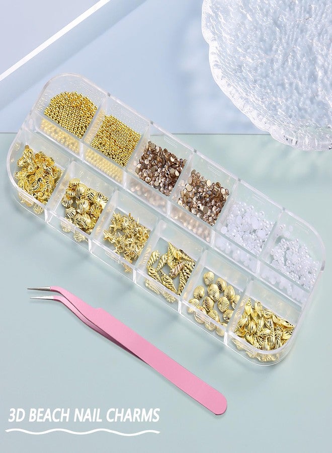 Furtherpretty Summer Nail Charms, 3D Beach Nail Charms Metal Starfish Seashell Tropical Ocean Nail Art Decorations, Gold Beads and Pearls Rhinestones with Tweezers for Manicure, concha nacar para uñas - Image 2